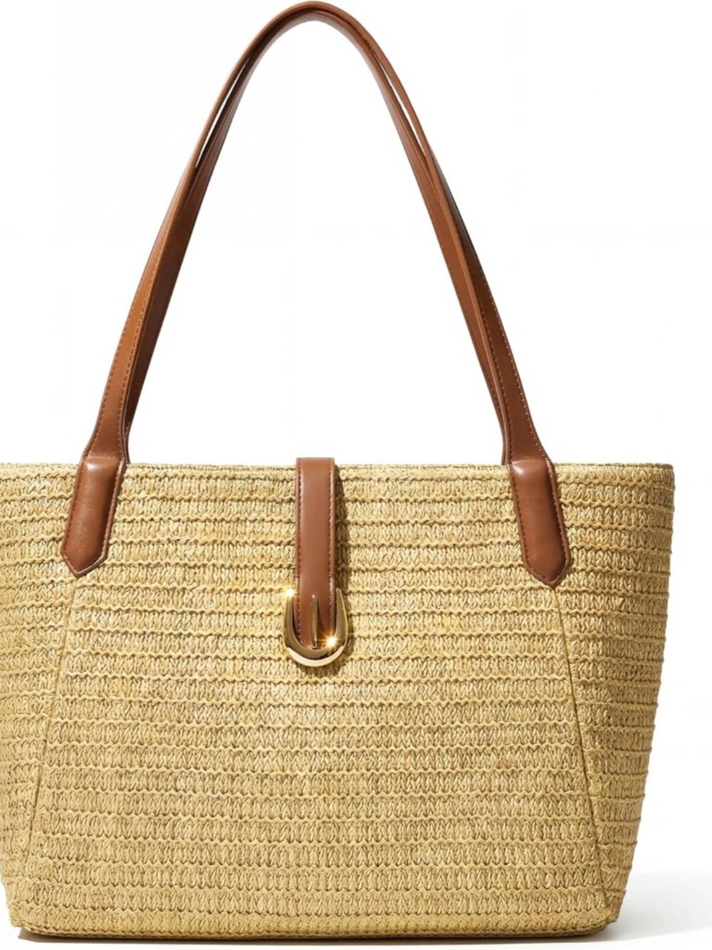Straw Beach Bag for Women, Woven Raffia Summer Tote with Leather Handles, Boho V
